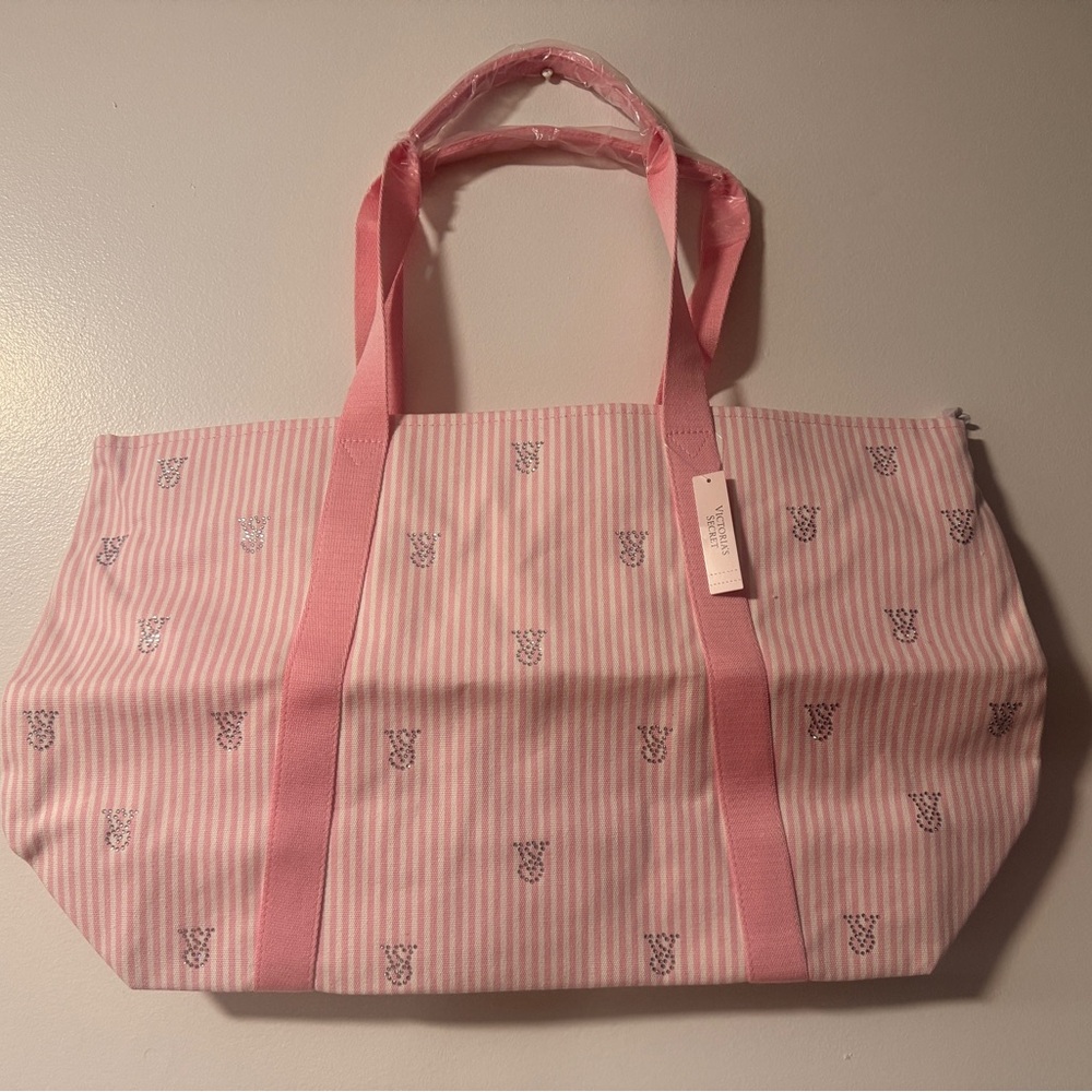 Victoria's Secret Pink Striped Tote with Logo Accents